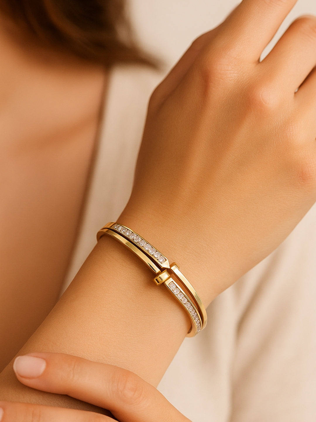 18K Gold Plated Double Line CZ Cuff Bracelet – Anti Tarnish & Waterproof