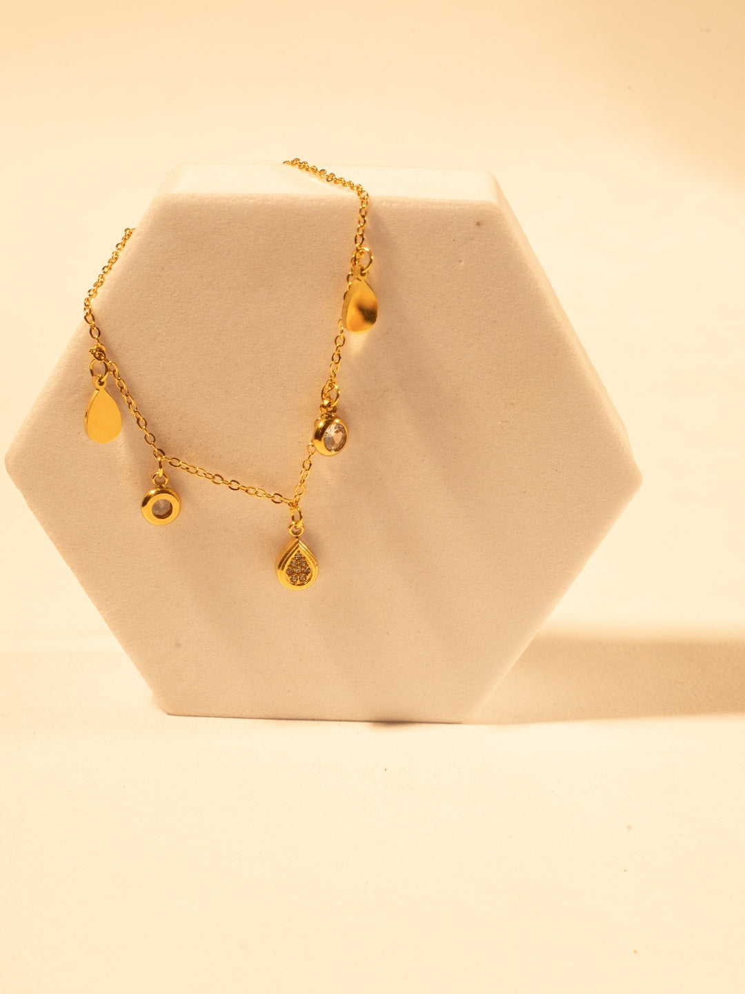 18K Gold Teardrop Charms Bracelet with CZ Stones | Lightweight & Elegant