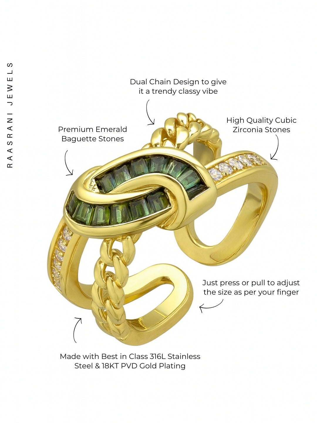 Emerald Criss Cross Adjustable Ring – 18K Gold Plated Stainless Steel