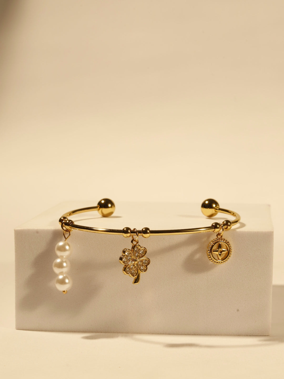 18K Gold-Plated Clover Charms Bracelet – Stainless Steel, CZ Stones & Pearl Charms, Anti-Tarnish & Hypoallergenic