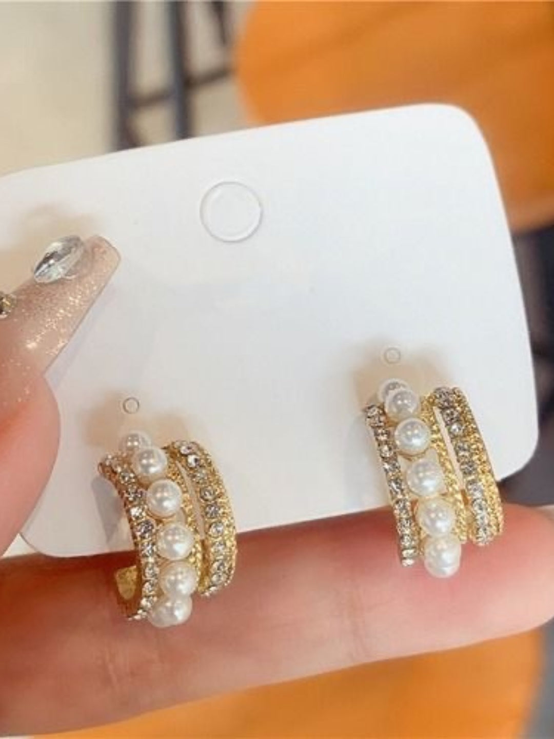 Gold Pearl & CZ Multi-Line Stud Earrings | Elegant Fashion Jewelry