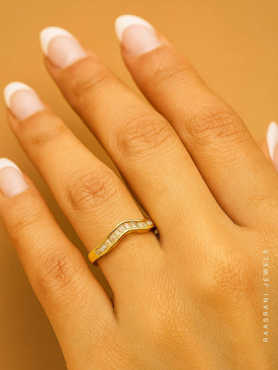 Elegant Zigzag Gold Ring – Stainless Steel, AD Studded, Size 7