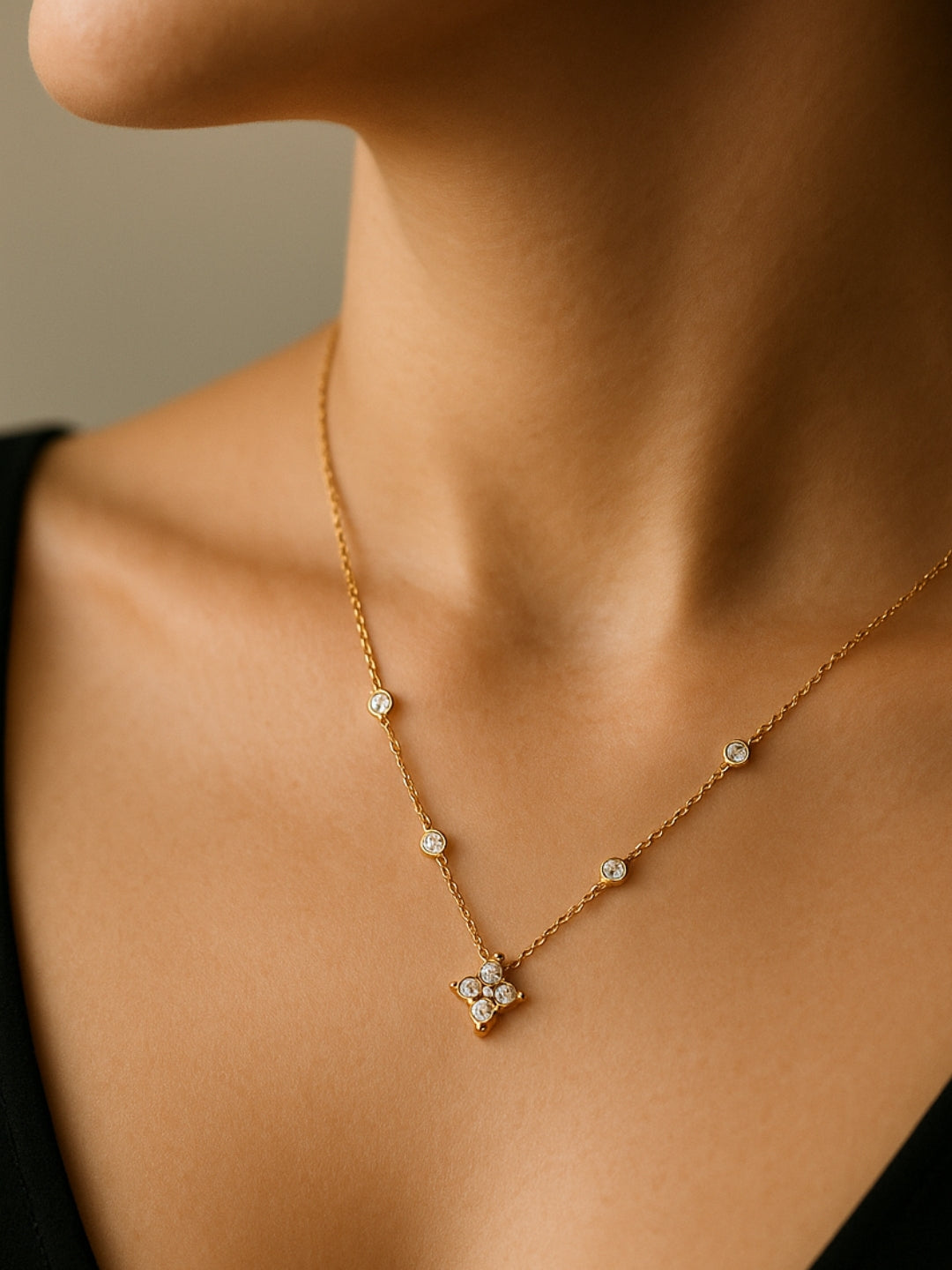 Clover CZ Bead Studded Neckpiece – 14K Gold Plated Everyday Necklace