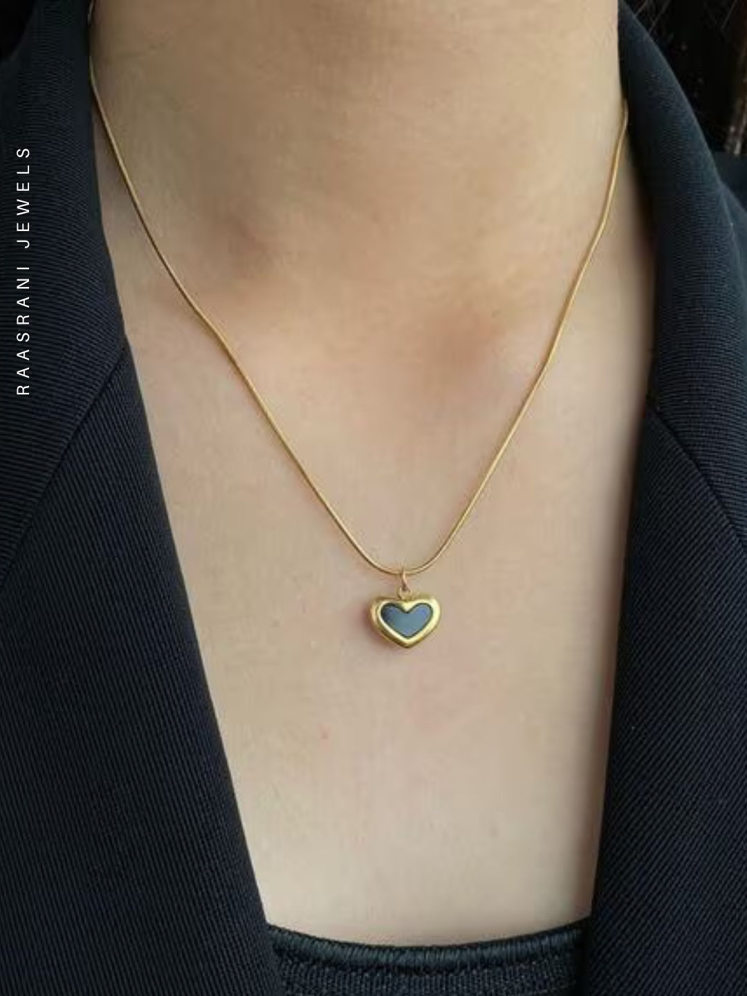 Black Mini Heart Gold Pendant Necklace – 18K Gold Plated, Onyx Charm