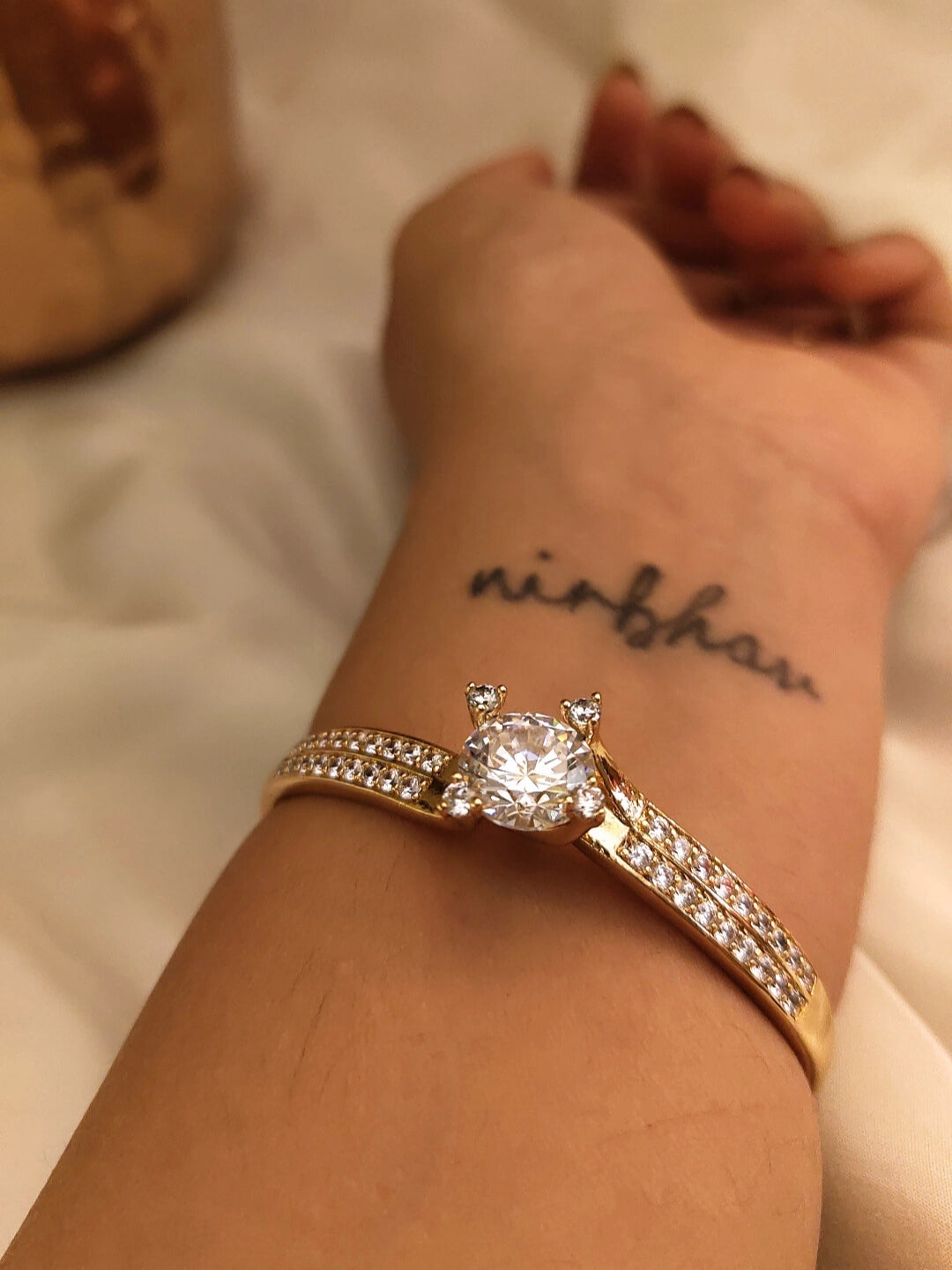 Solitaire Style RoseGold Cuff – 316L Stainless Steel, AD Stones, for Small Wrists