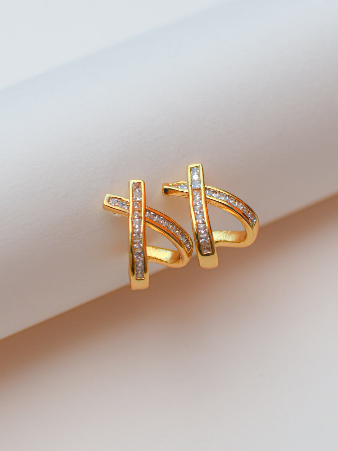 18K Gold Studded Cross Huggie Earrings – CZ Stone, Anti-Tarnish