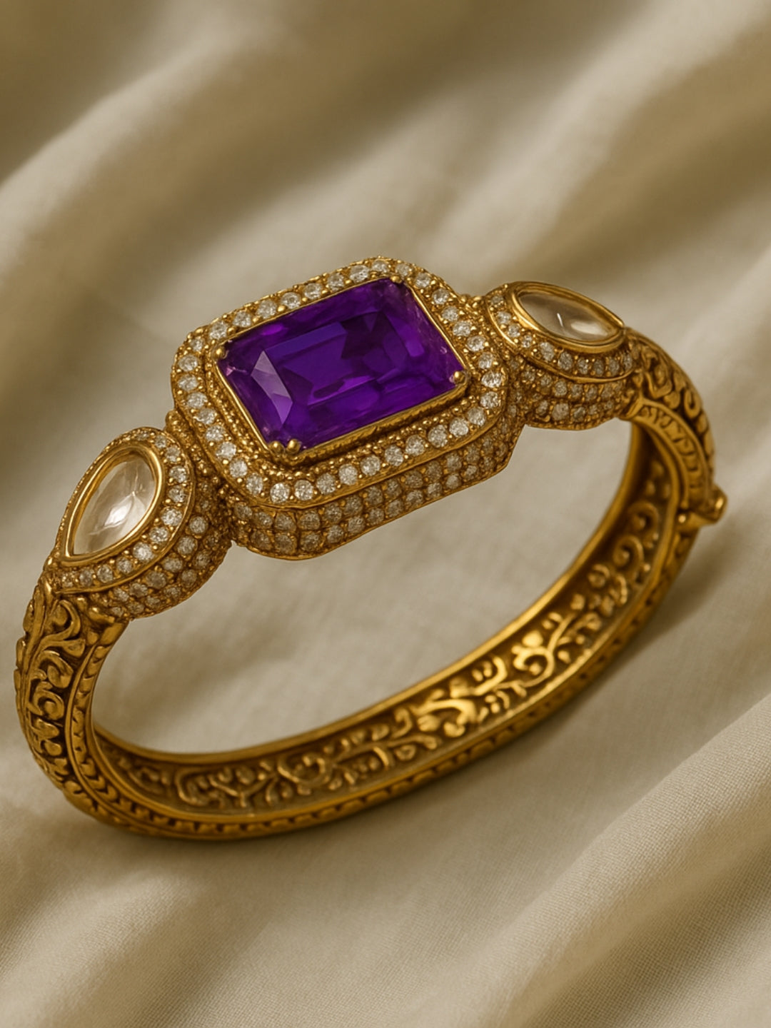 Purple Monalisa Stone Bangles | Gold Plated Kundan Moissanite Kada