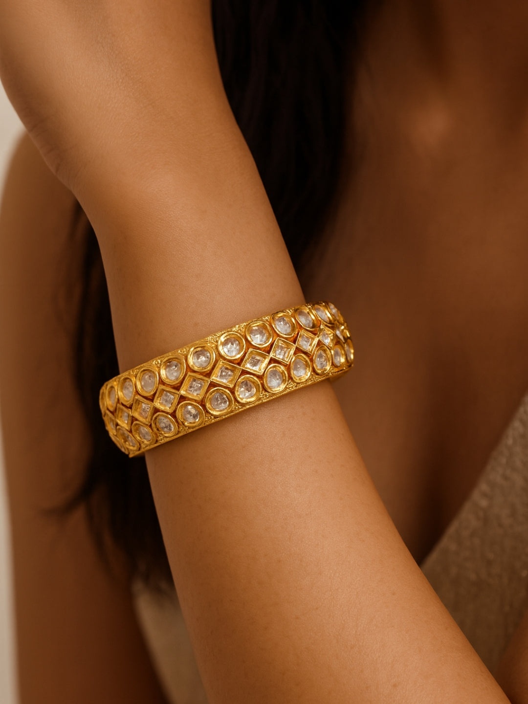 Golden Kundan Moissanite Bangle | Openable Gold Cuff Bracelet