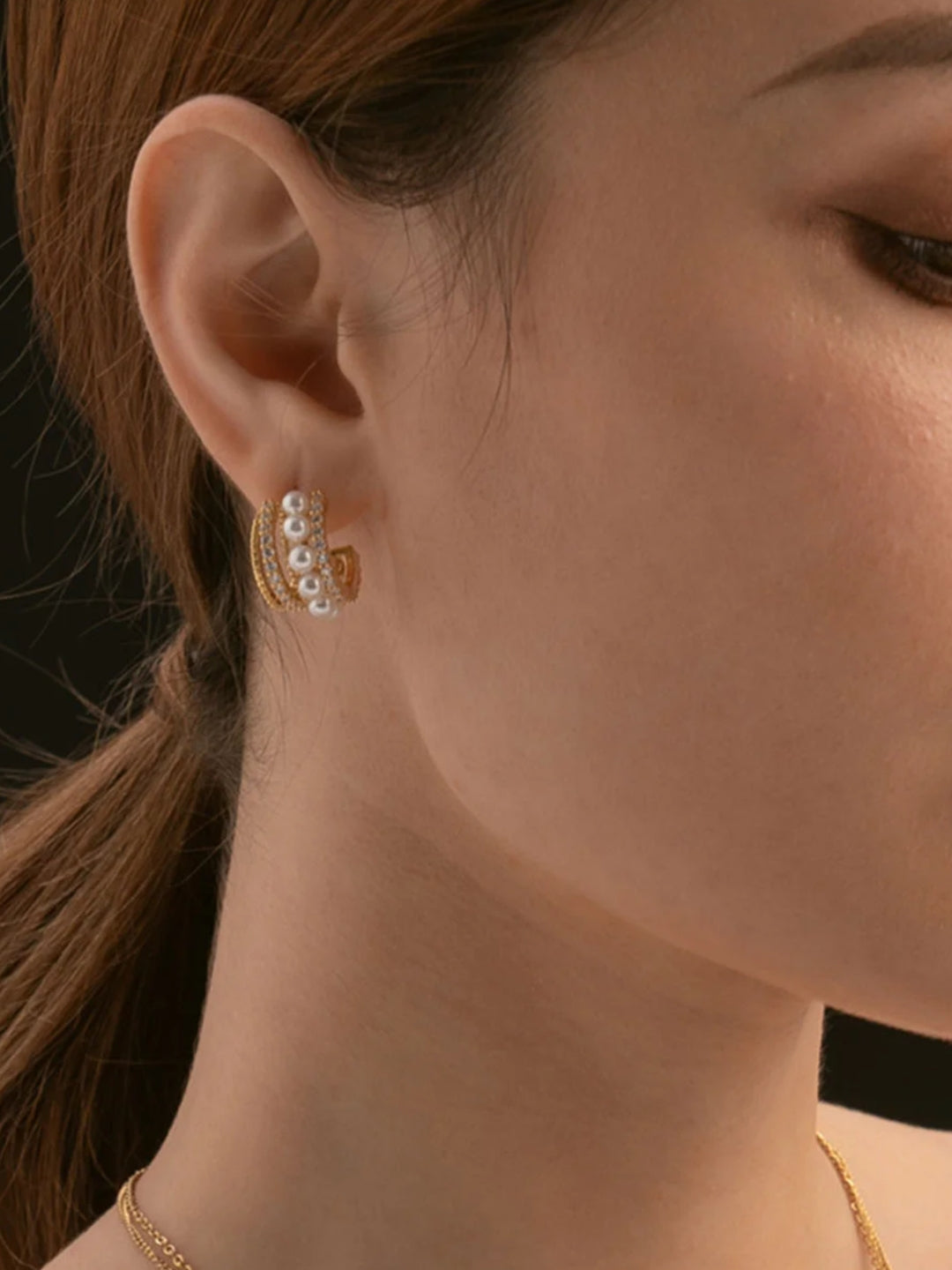 Gold Pearl & CZ Multi-Line Stud Earrings | Elegant Fashion Jewelry