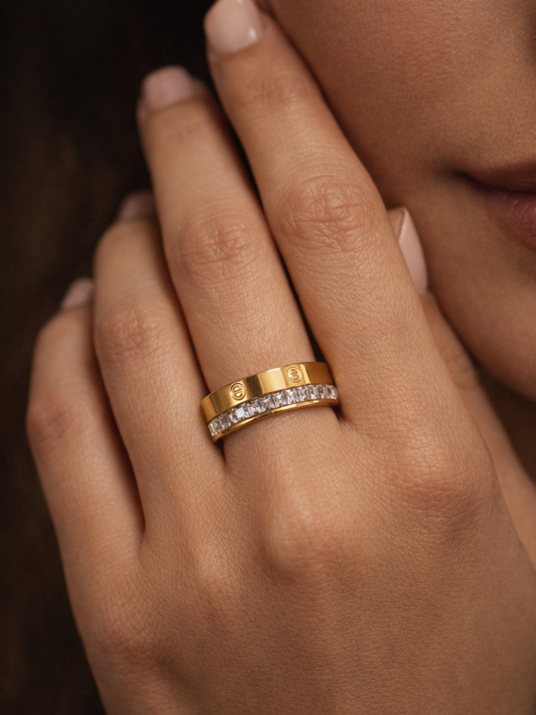 Luxe Studded Gold Band Ring with Cubic Zirconia | Anti-Tarnish