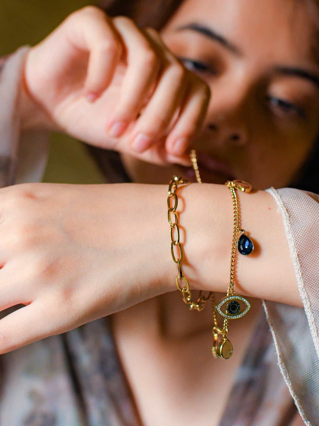 Evil Eye Charm Double layer Bracelet in 18K Gold | Adjustable, Anti-Tarnish