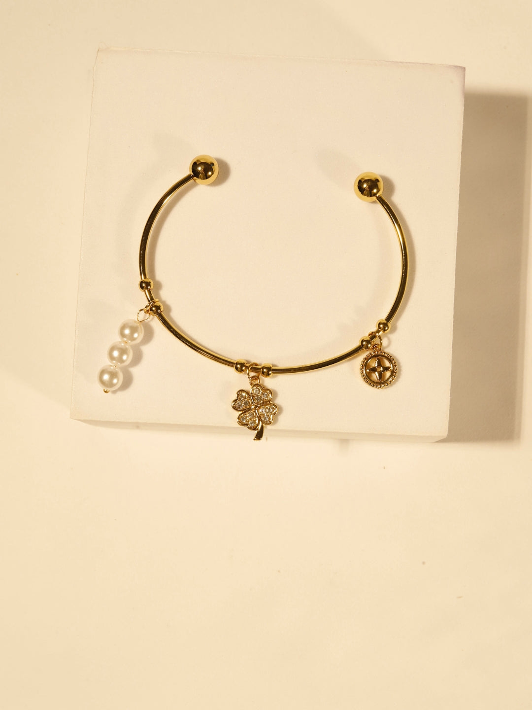18K Gold-Plated Clover Charms Bracelet – Stainless Steel, CZ Stones & Pearl Charms, Anti-Tarnish & Hypoallergenic