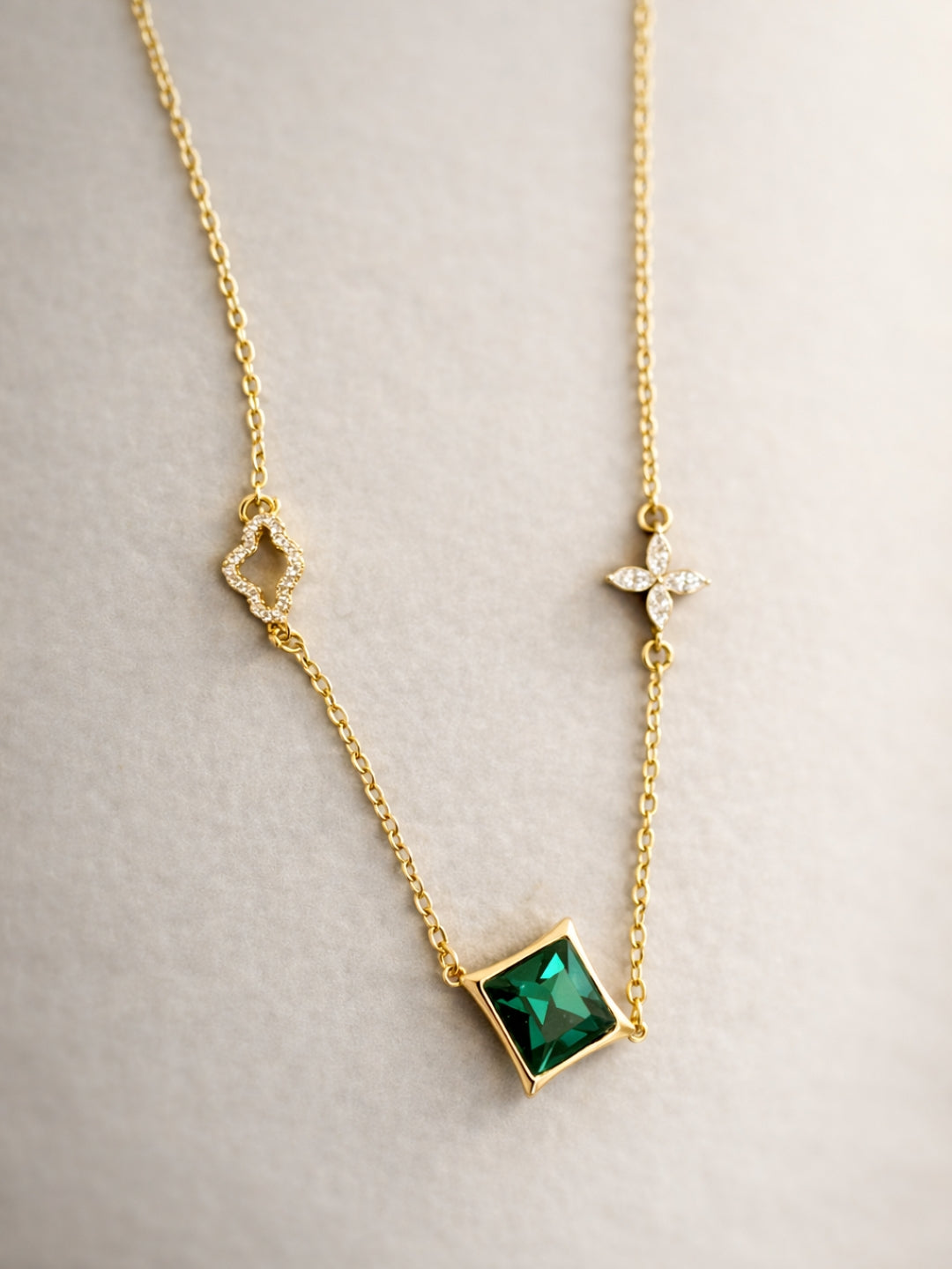 Green Quad Emerald CZ Gold Neckpiece | Anti-Tarnish Everyday Chain