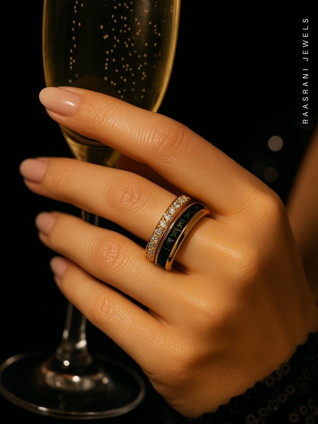 Emerald & White Dual-Line Adjustable Ring | 18K Gold Plated