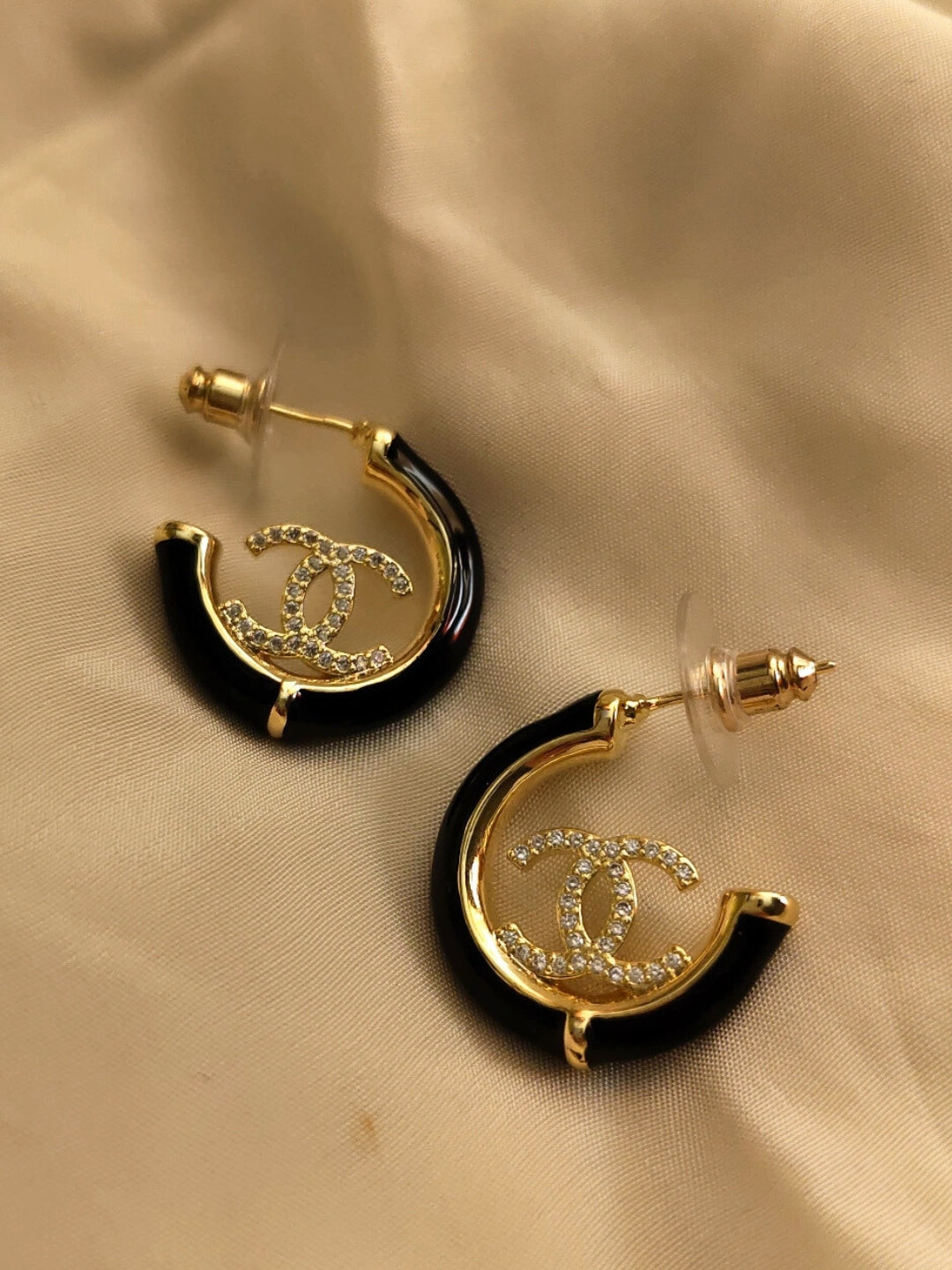 Brand Inspired Black Enamel Half Hoop Earrings – 18K Gold Plated