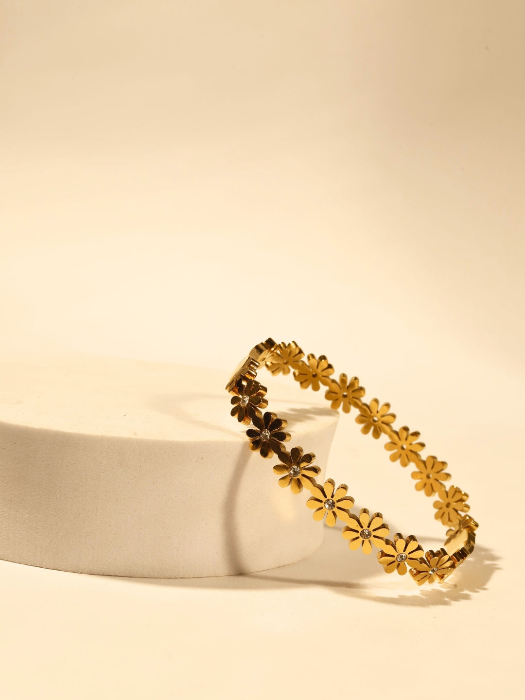 Gold Floral Studded Bangle Bracelet for Women – 316L Stainless Steel with Cubic Zirconia Stones | Ethnic Press-Lock Kada for Daily & Festive Wear
