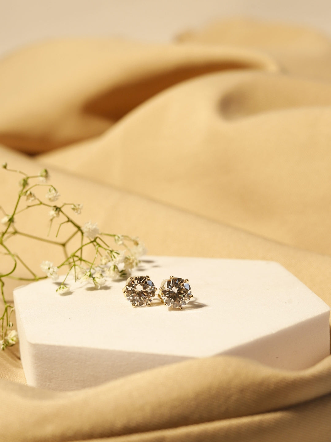 Gold-Plated Solitaire Big Stone Stud Earrings – Stainless Steel, Premium AD Stone, Hypoallergenic