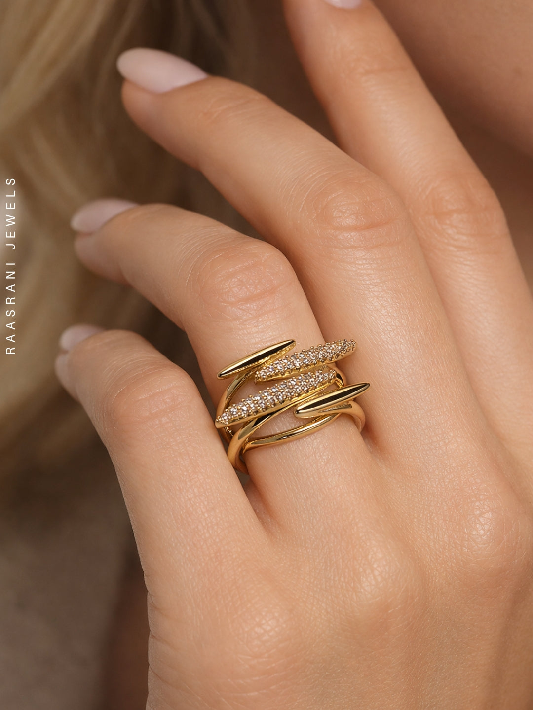 4-Line AD Studded Gold Ring | Anti-Tarnish Everyday Statement Ring