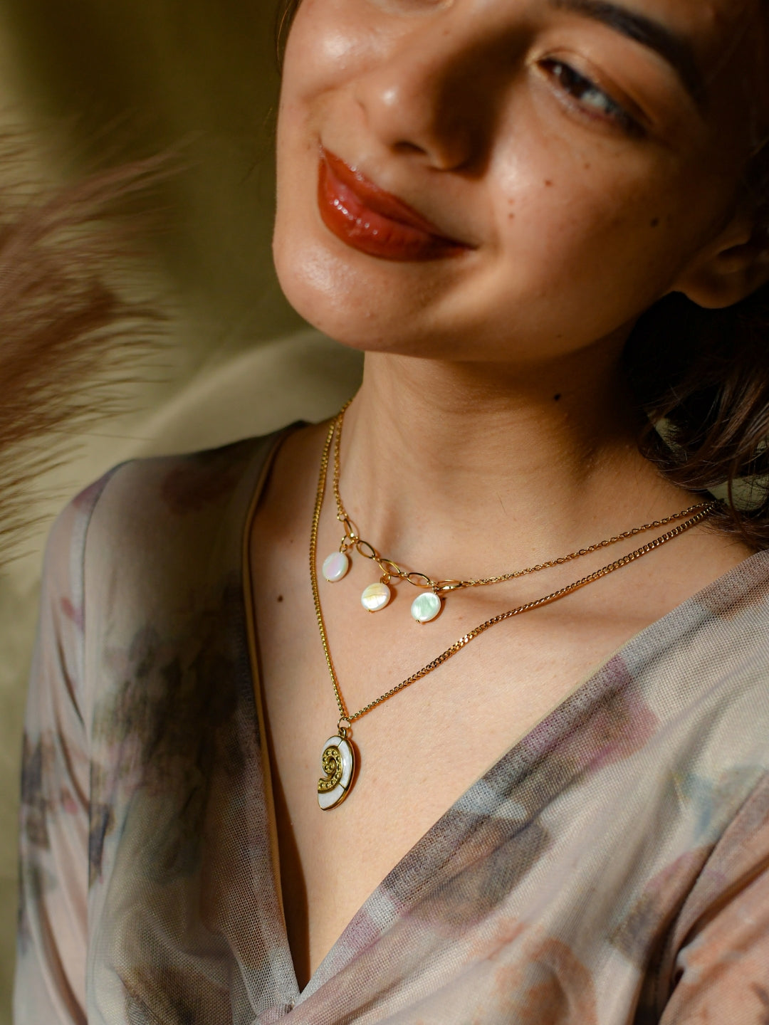 Shell & Beads Double Layer Chain | 18K Gold MOP Necklace