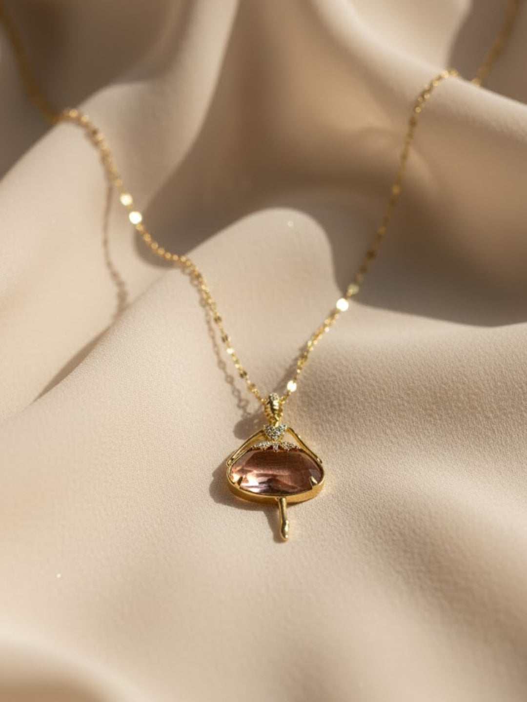 Anti-Tarnish Angel Pendant Necklace with peach Stone | 18K Gold Chain