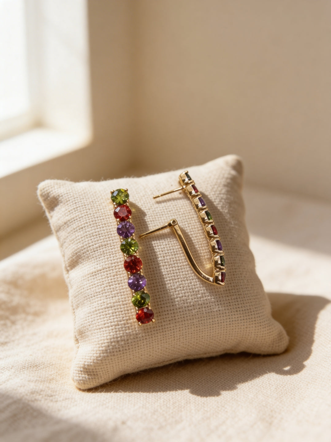 18K Rose Gold Multicolor CZ Long Hoop Earrings