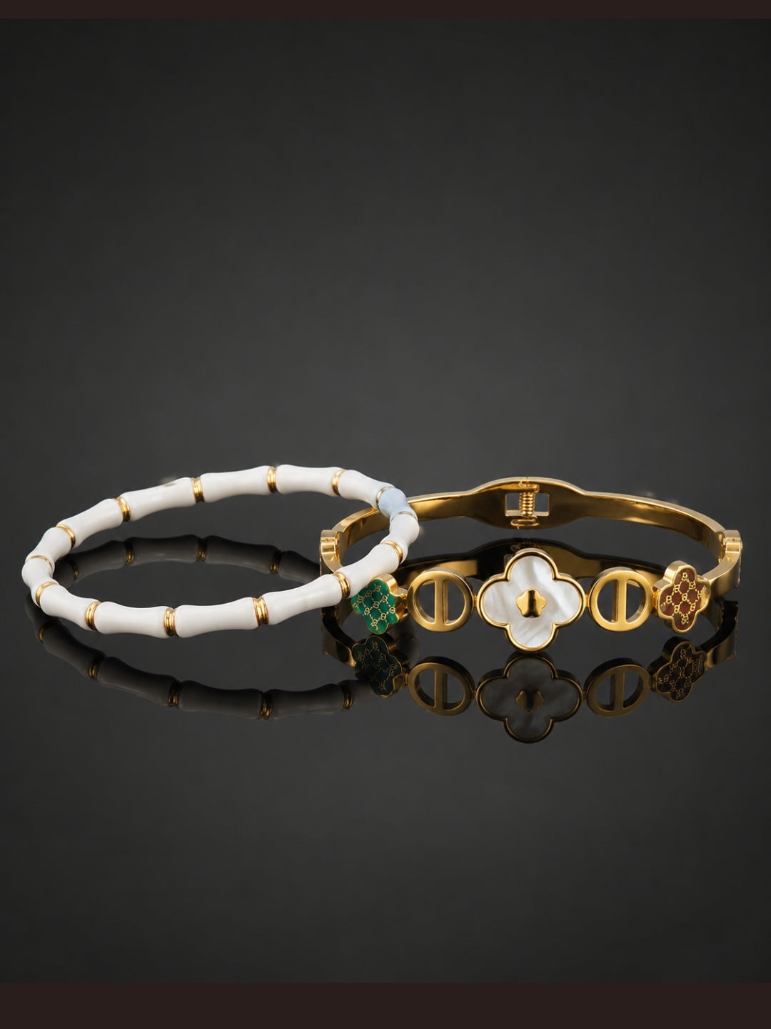White & Gold Clover Bracelet Stack – Set of 2