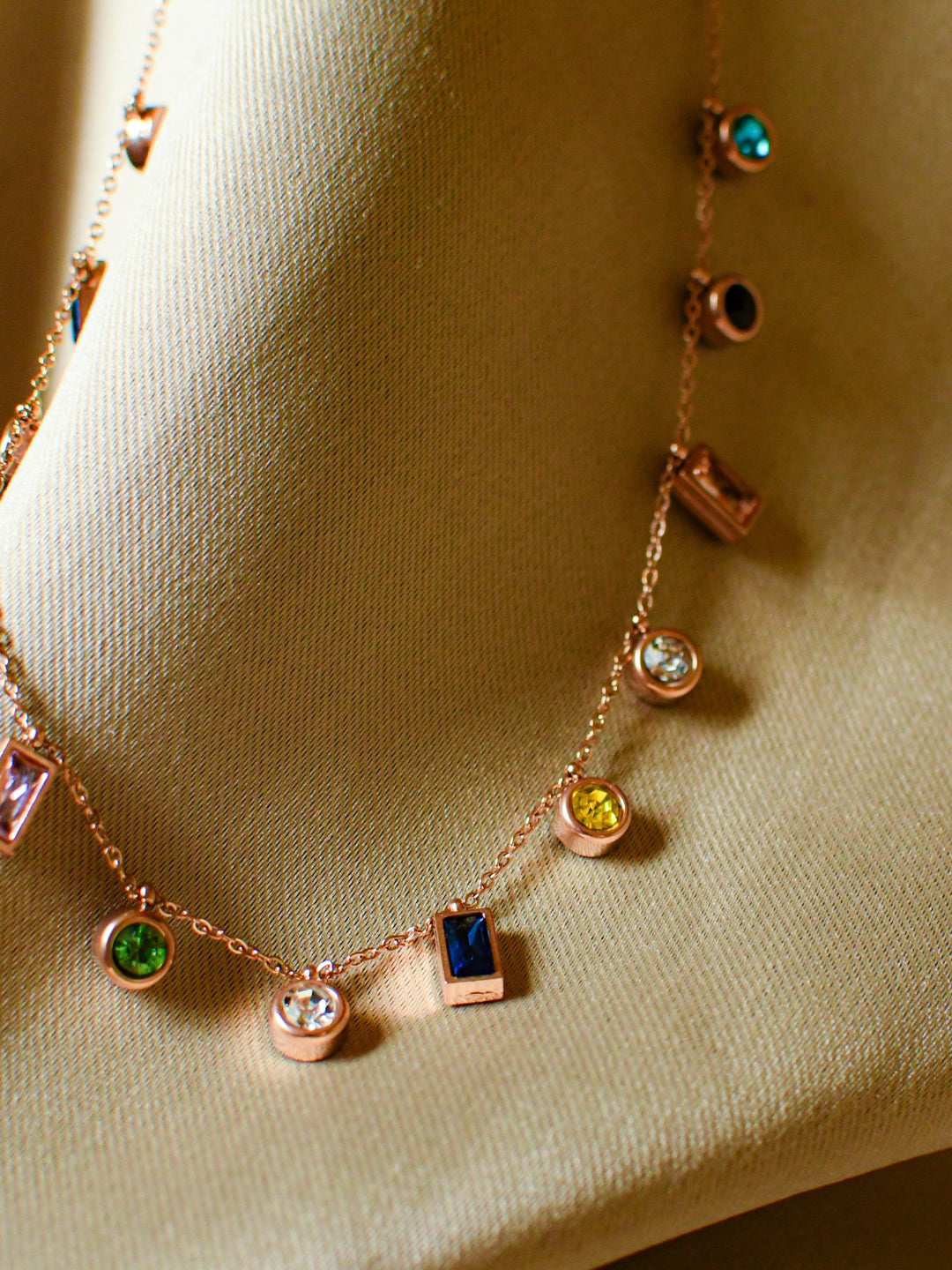 Multicolor Studded Charms Necklace – Gold, CZ Stones