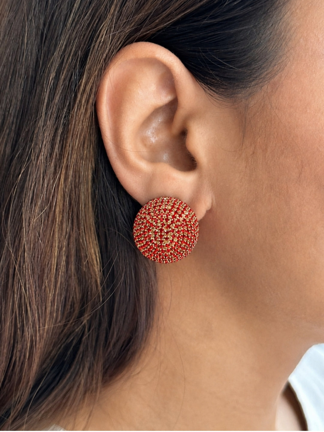 Red CZ Dome Stud Earrings – Gold Plated Statement Party Wear