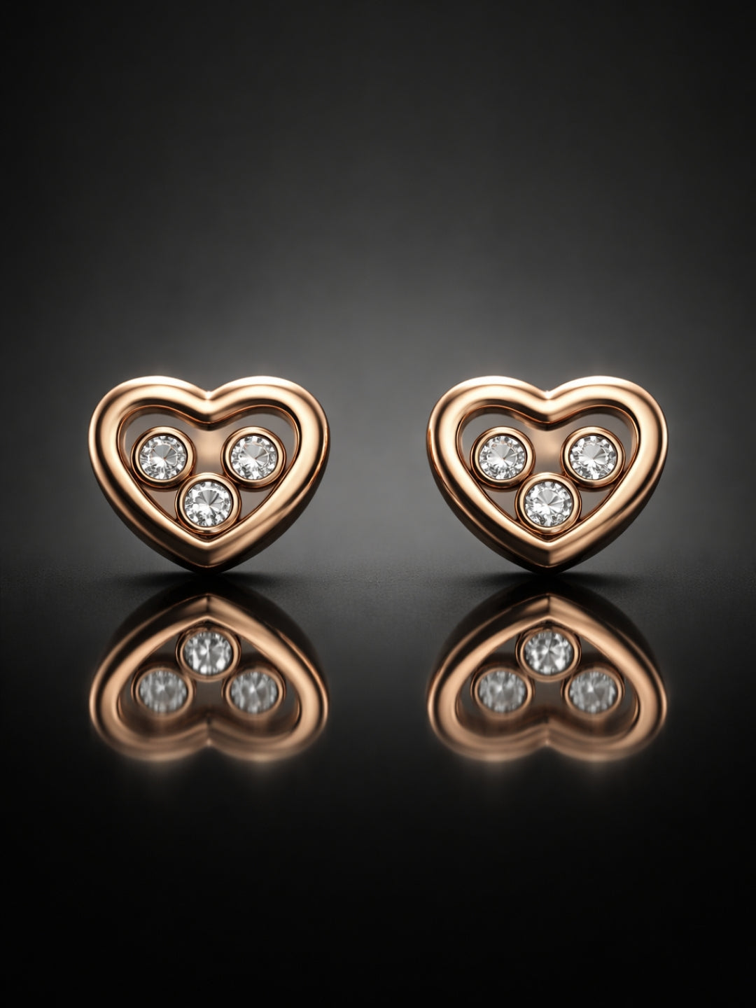 18K Gold Heart 3 Stone CZ Stud Earrings – Anti Tarnish