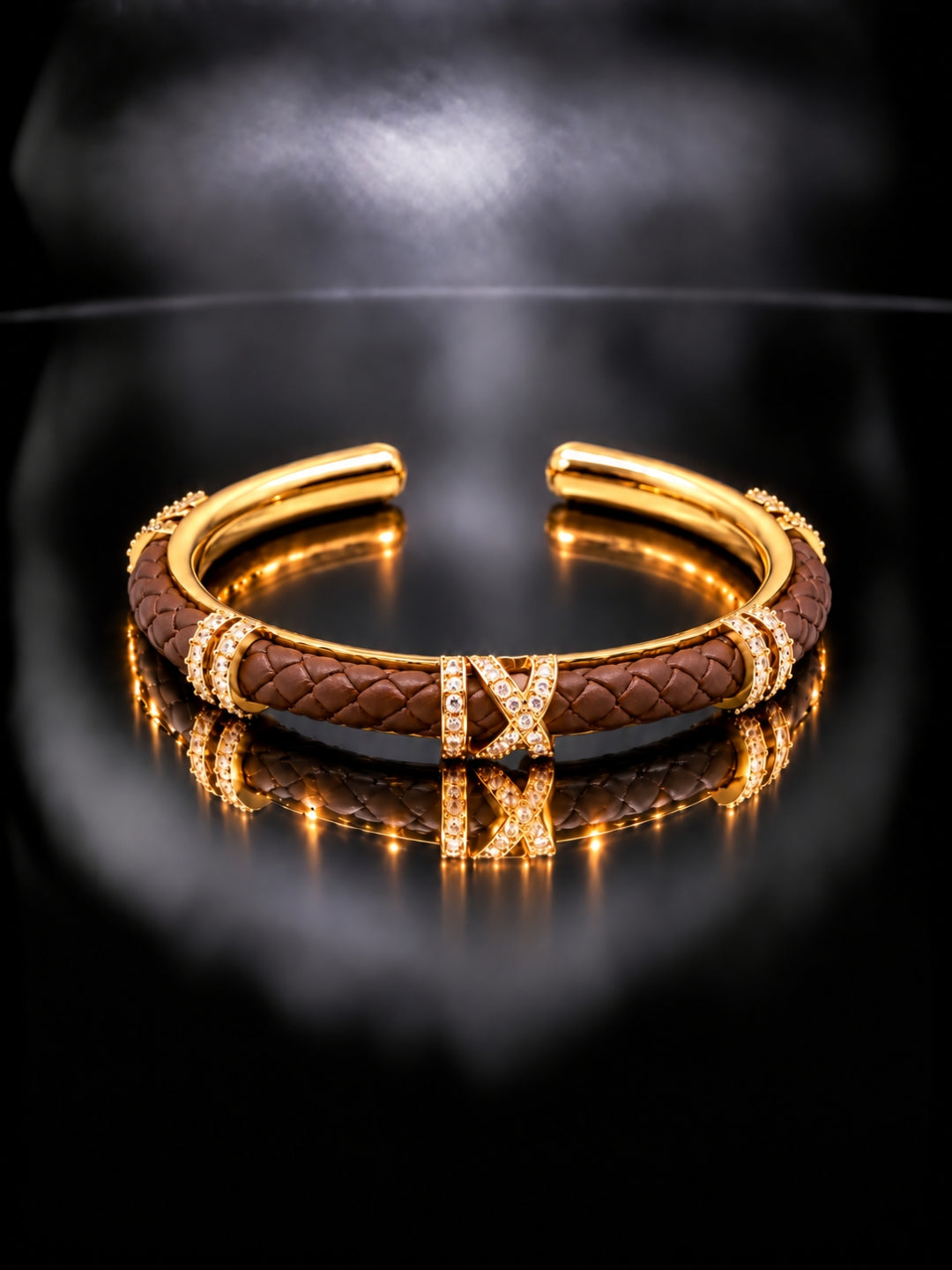 Brown Braided Roman Numeral Studded Bangle -18KT Gold Plated