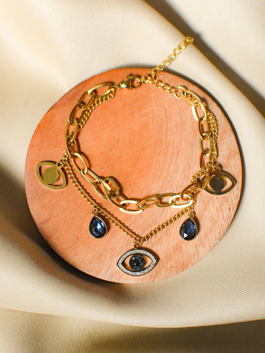 Evil Eye Charm Double layer Bracelet in 18K Gold | Adjustable, Anti-Tarnish