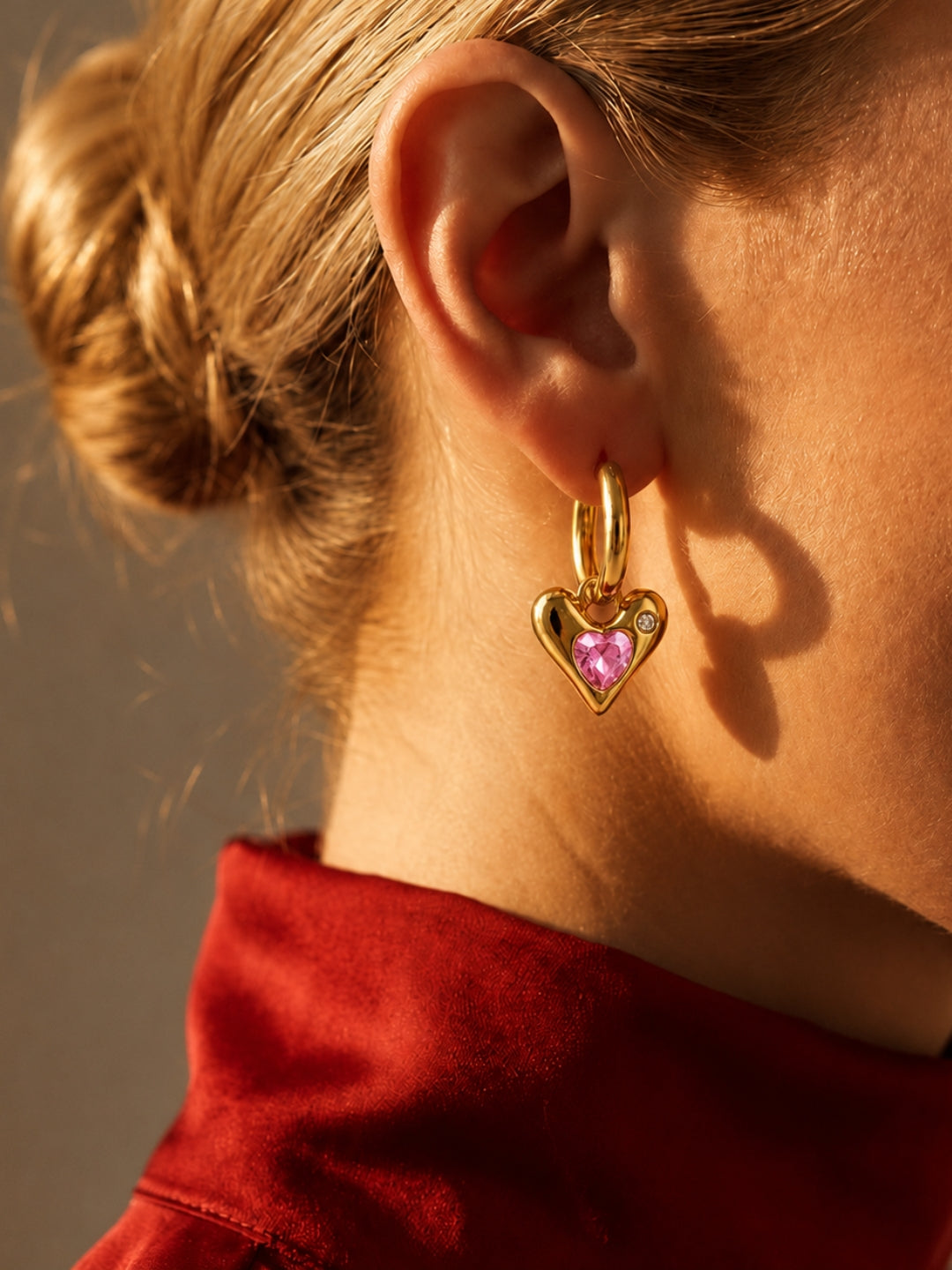 Rosé Heart Charm Hoop Earrings, 18K Rose Gold-Plated
