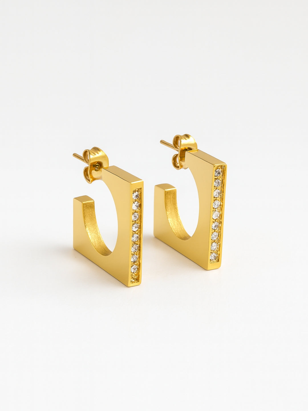 Square Studded Gold Half Hoop Earrings – 18K Gold Plated CZ