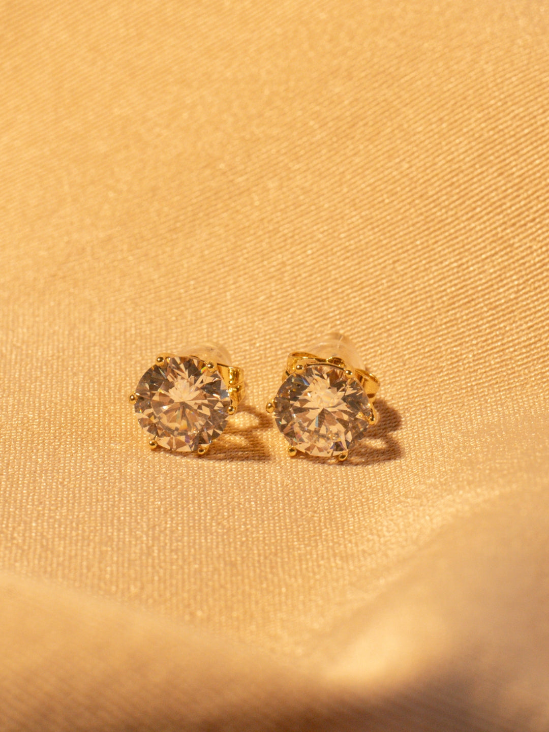 Gold-Plated Solitaire Big Stone Stud Earrings – Stainless Steel, Premium AD Stone, Hypoallergenic