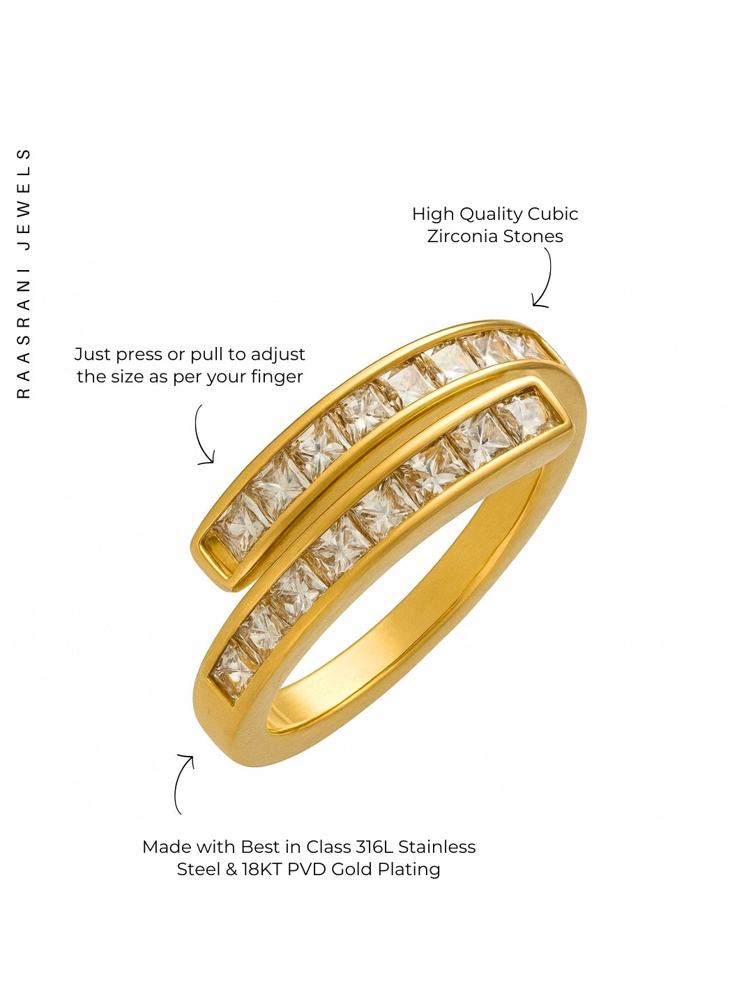 18k Gold Plated White 2 Line Ring – Anti Tarnish & Adjustable