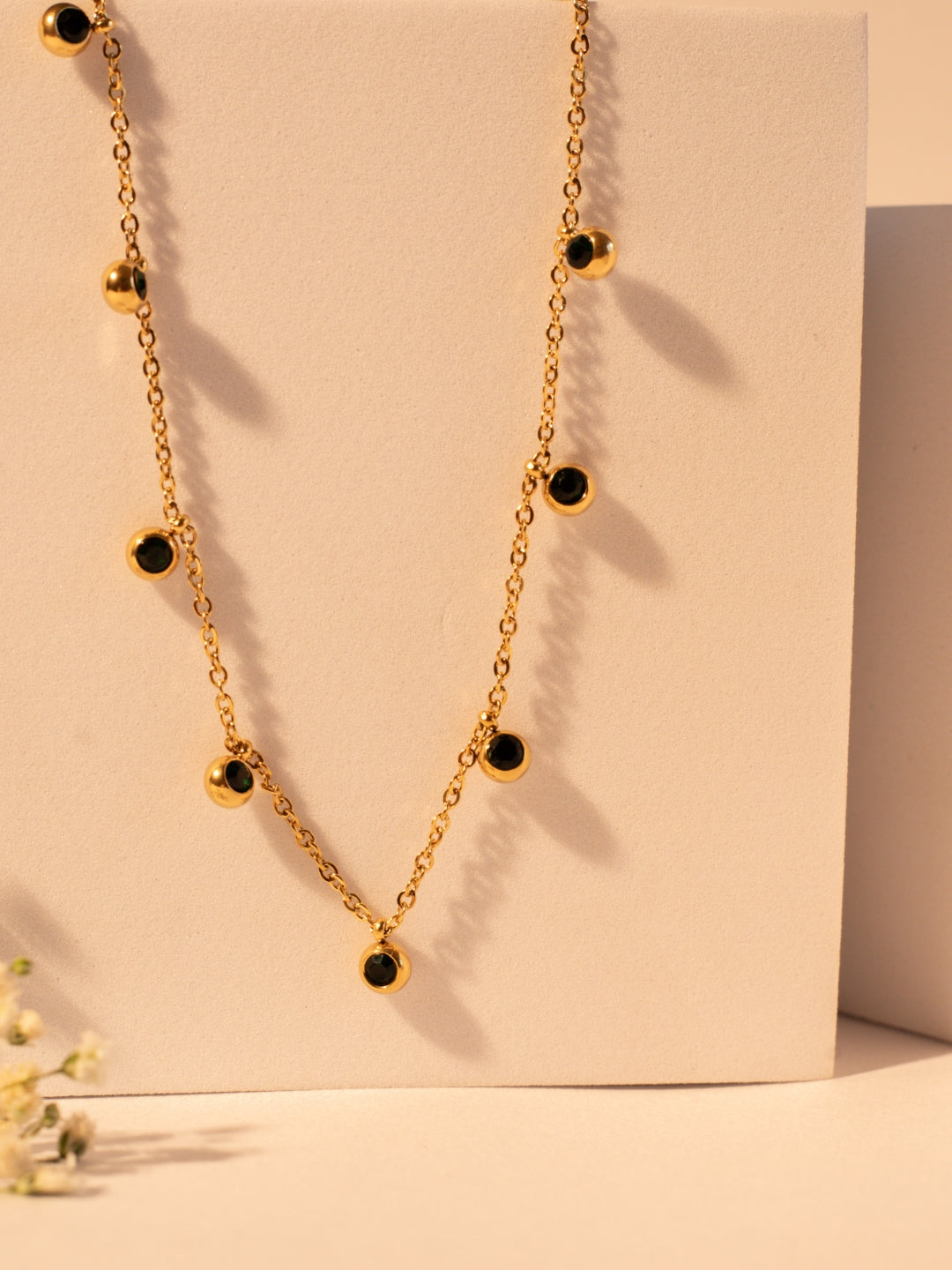 Green CZ Studded Necklace – Gold Plated Stainless Steel, Adjustable Chain