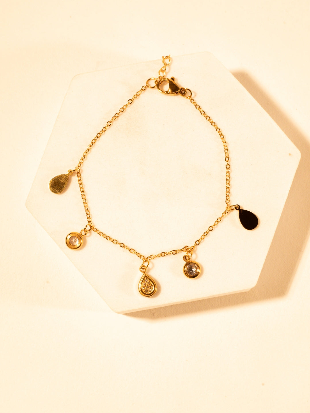 18K Gold Teardrop Charms Bracelet with CZ Stones | Lightweight & Elegant