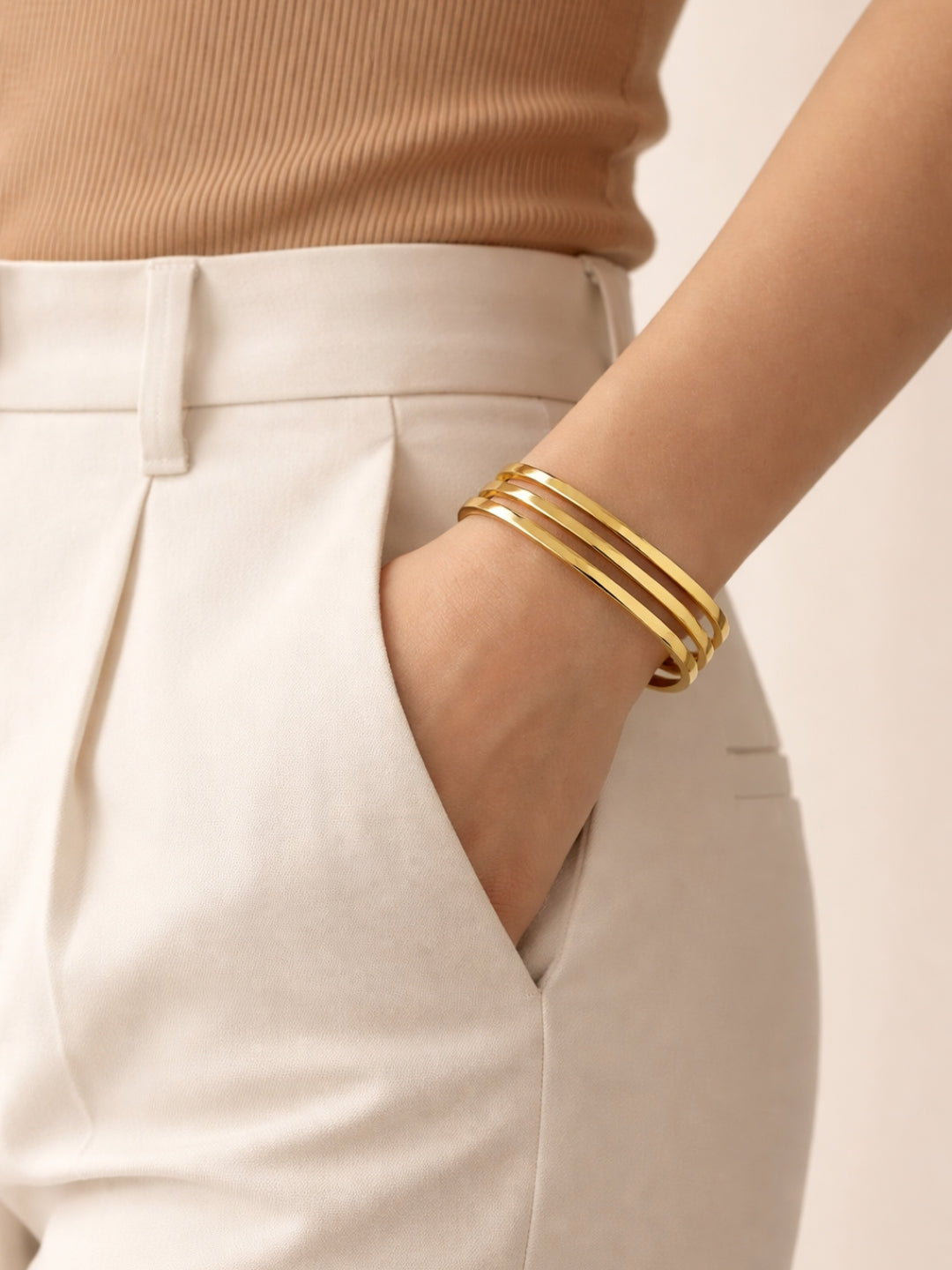 18K Gold Tri-Line Open Cuff Bracelet | Anti Tarnish Stainless Steel