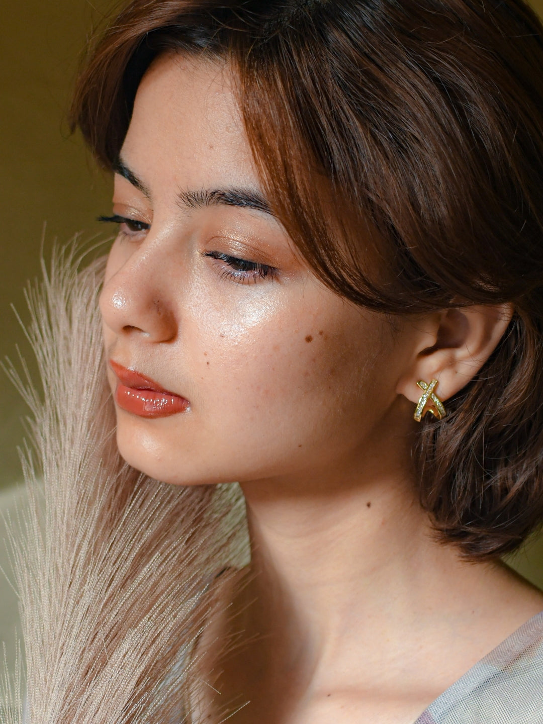18K Gold Studded Cross Huggie Earrings – CZ Stone, Anti-Tarnish