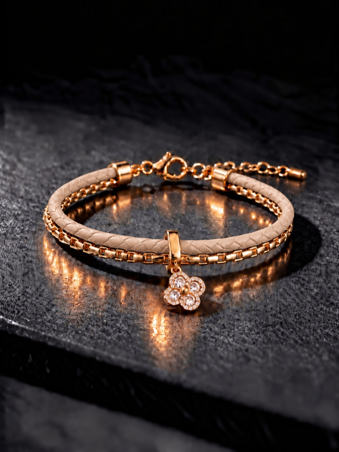Beige Braided Double line Clover Band Cuff -18KT Gold Plated