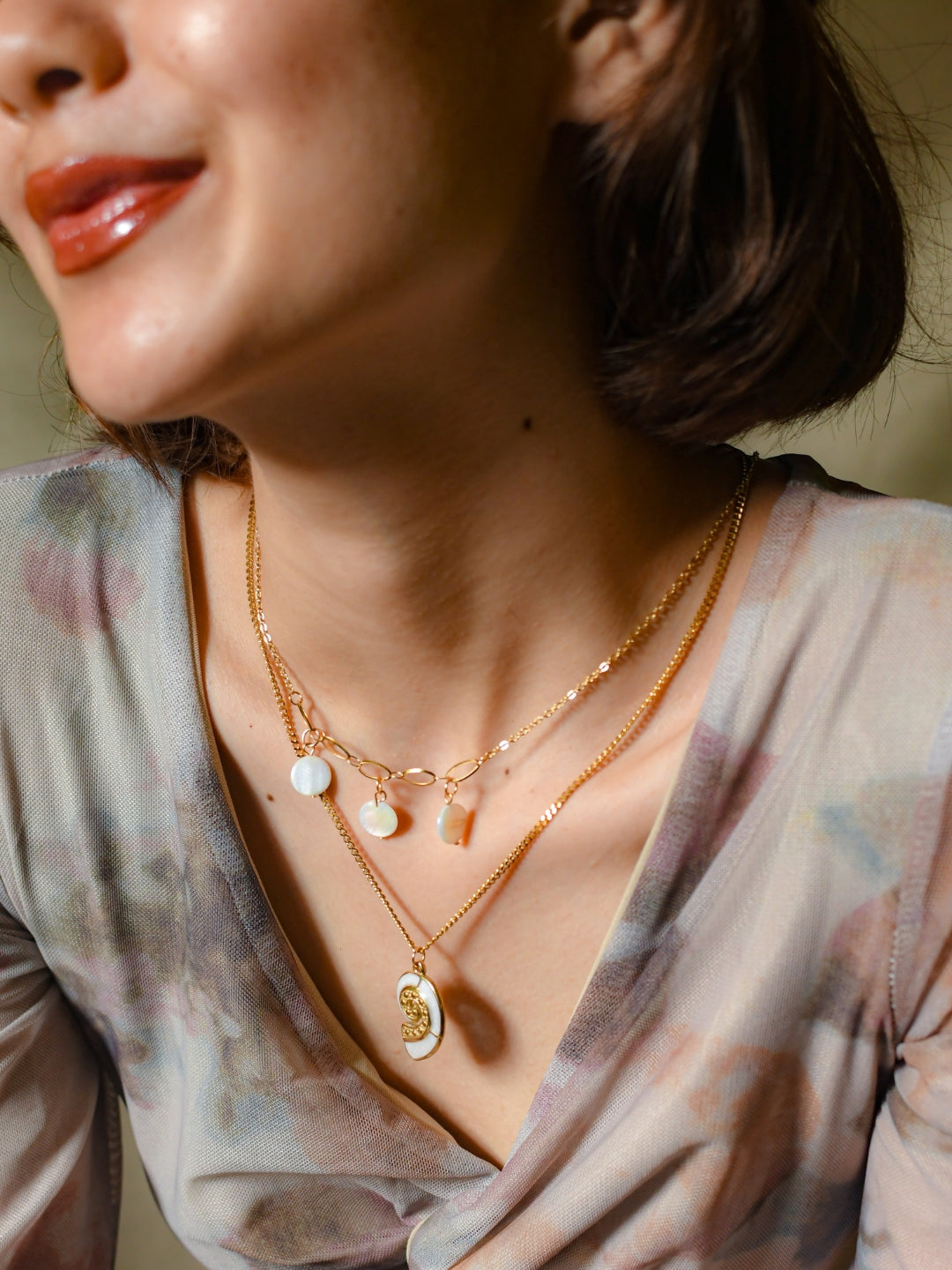 Shell & Beads Double Layer Chain | 18K Gold MOP Necklace