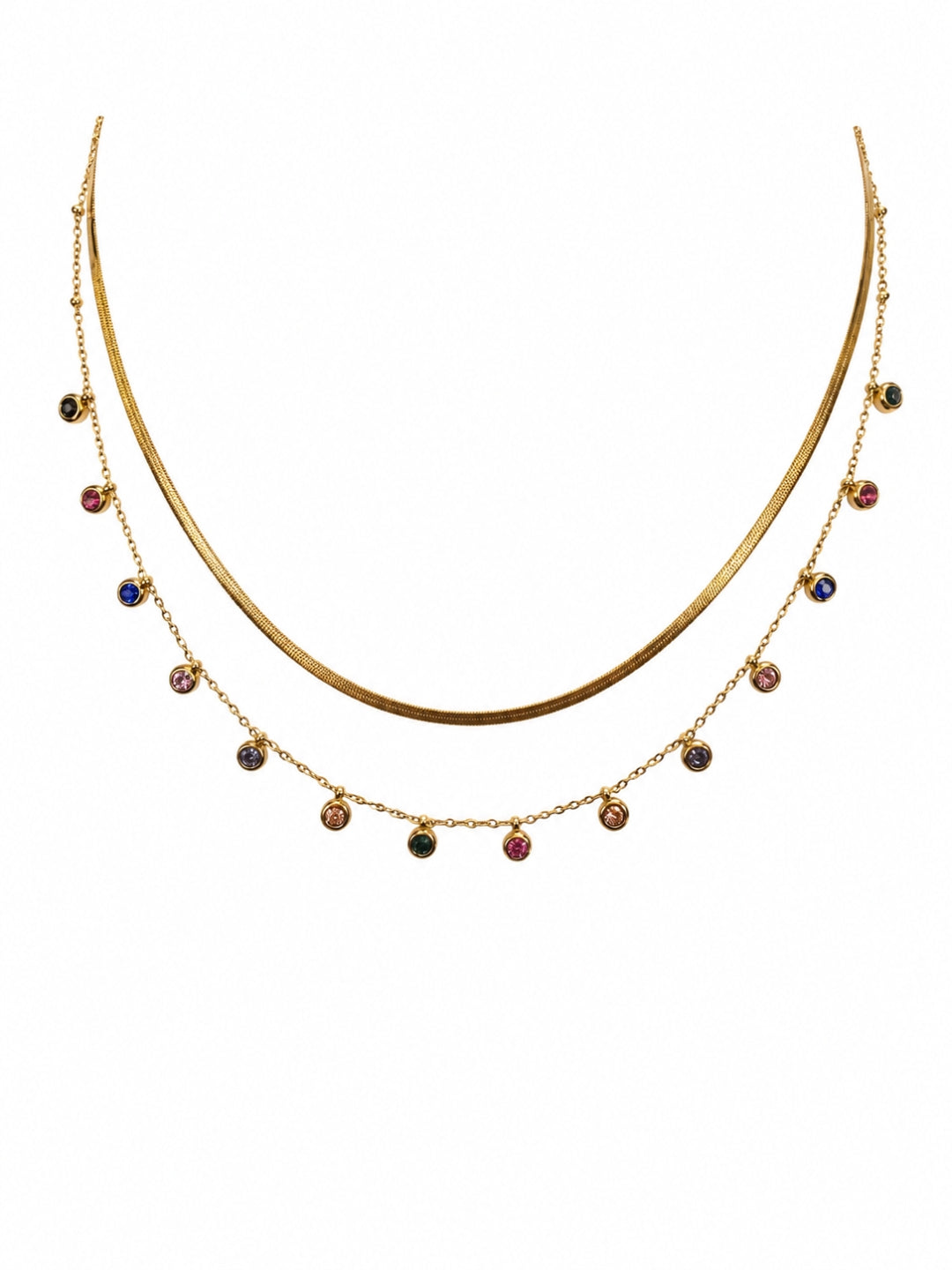 Layered Gold Necklace Combo with Multicolor Stone Drops
