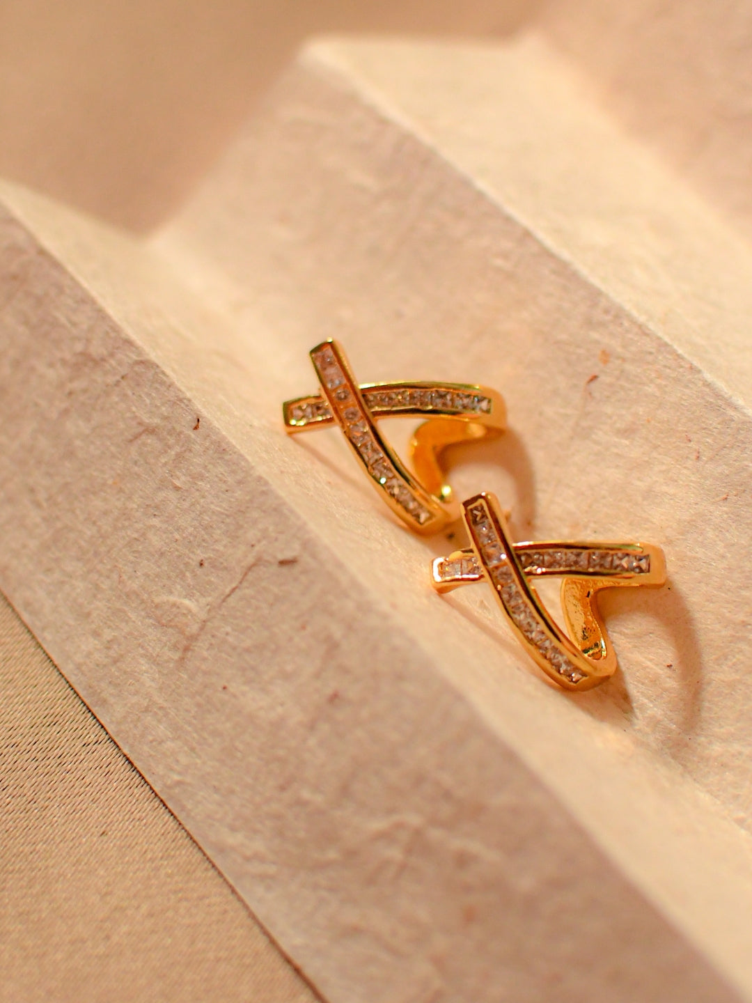 18K Gold Studded Cross Huggie Earrings – CZ Stone, Anti-Tarnish
