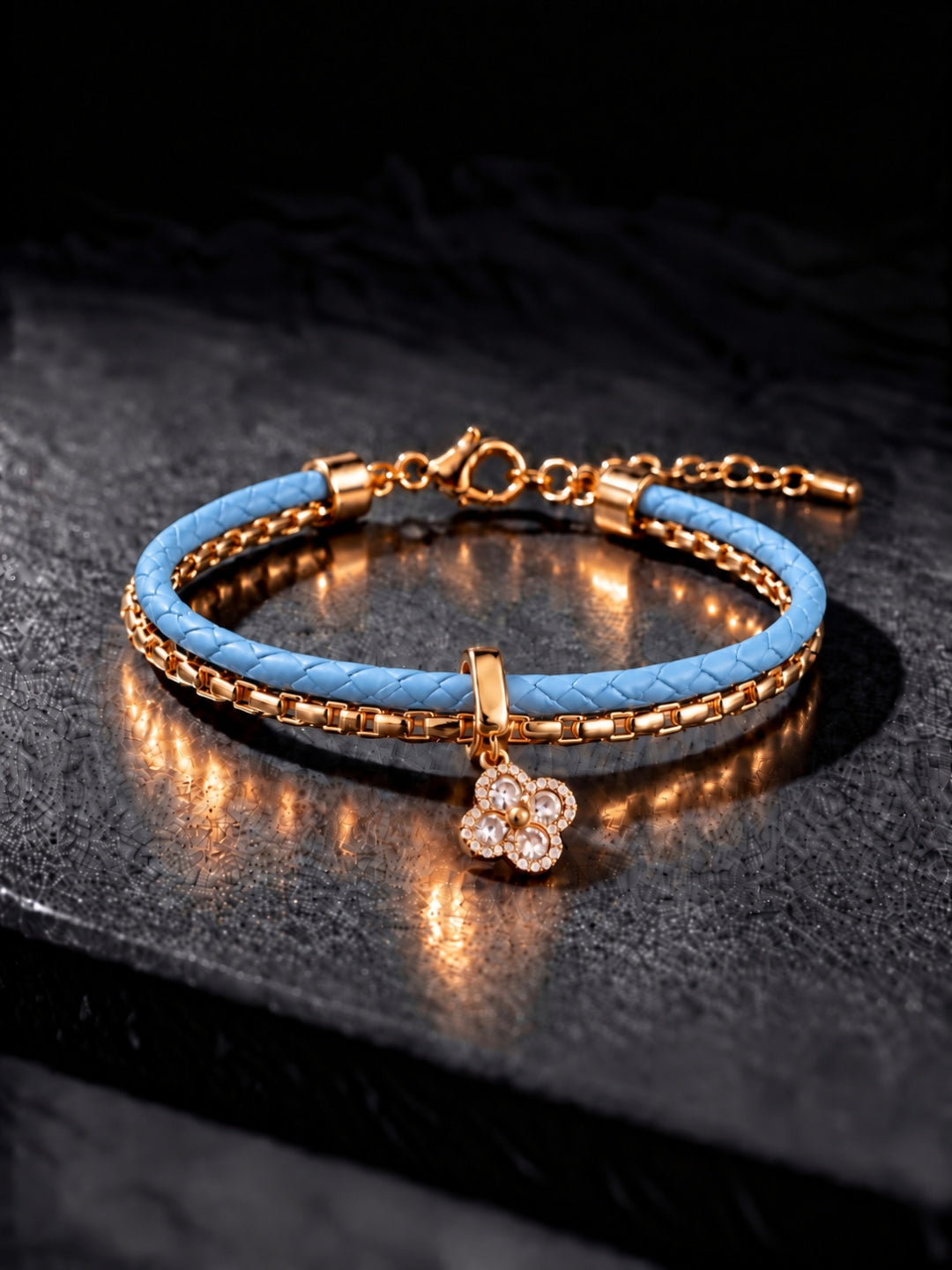 Sky Blue Braided Double line Clover Band Cuff -18KT Gold Plated