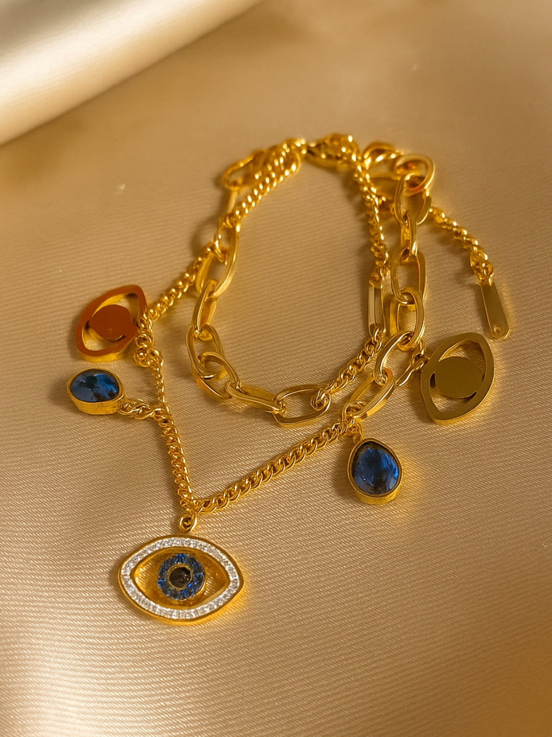 Evil Eye Charm Double layer Bracelet in 18K Gold | Adjustable, Anti-Tarnish