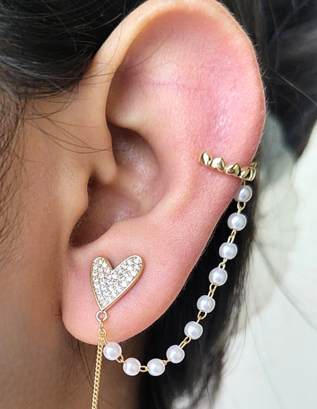 Heart Single Ear Cuff with pearl Hanging