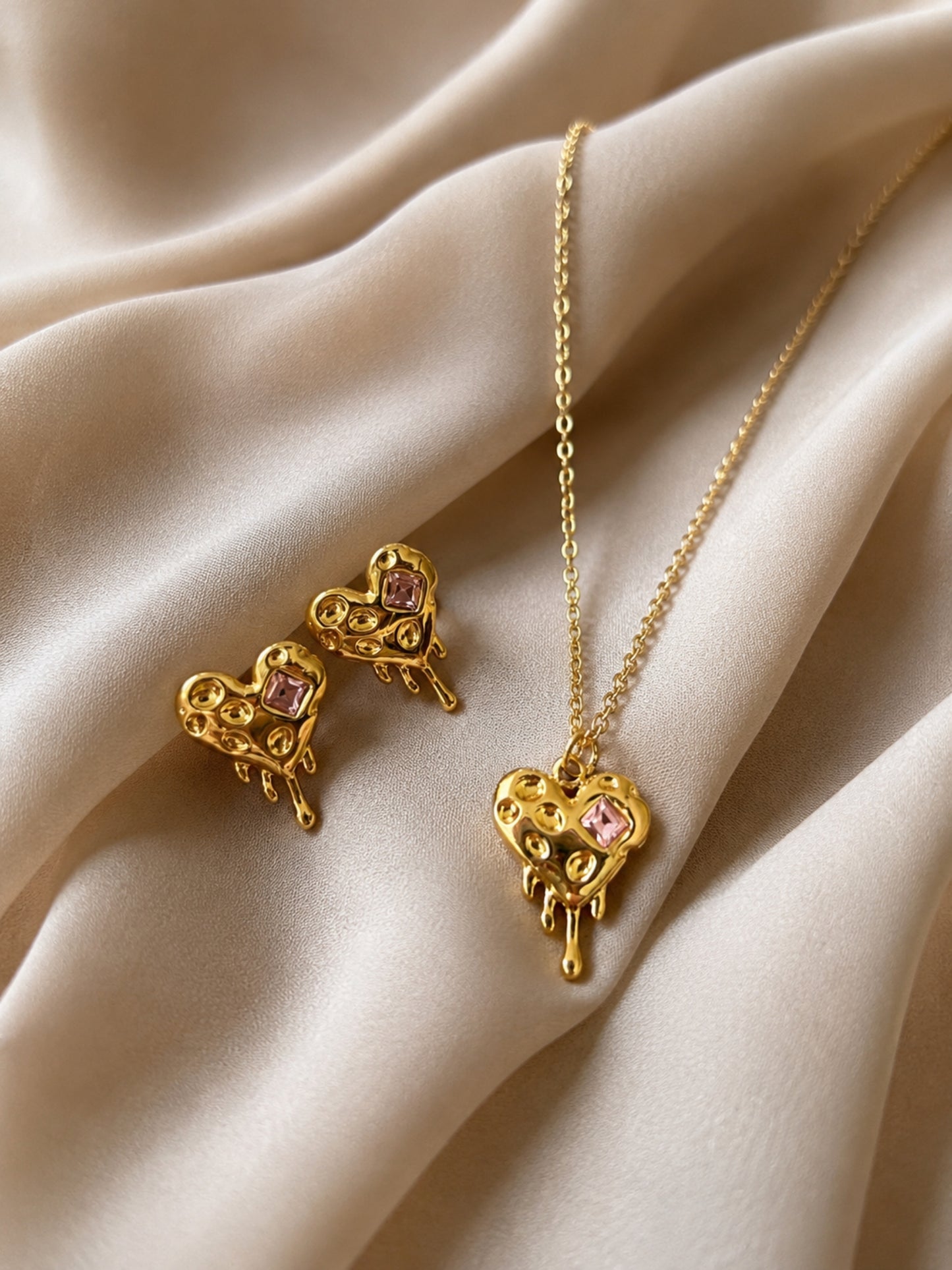 Pink CZ Sculptural Heart Necklace & Earrings Set in 18K Gold
