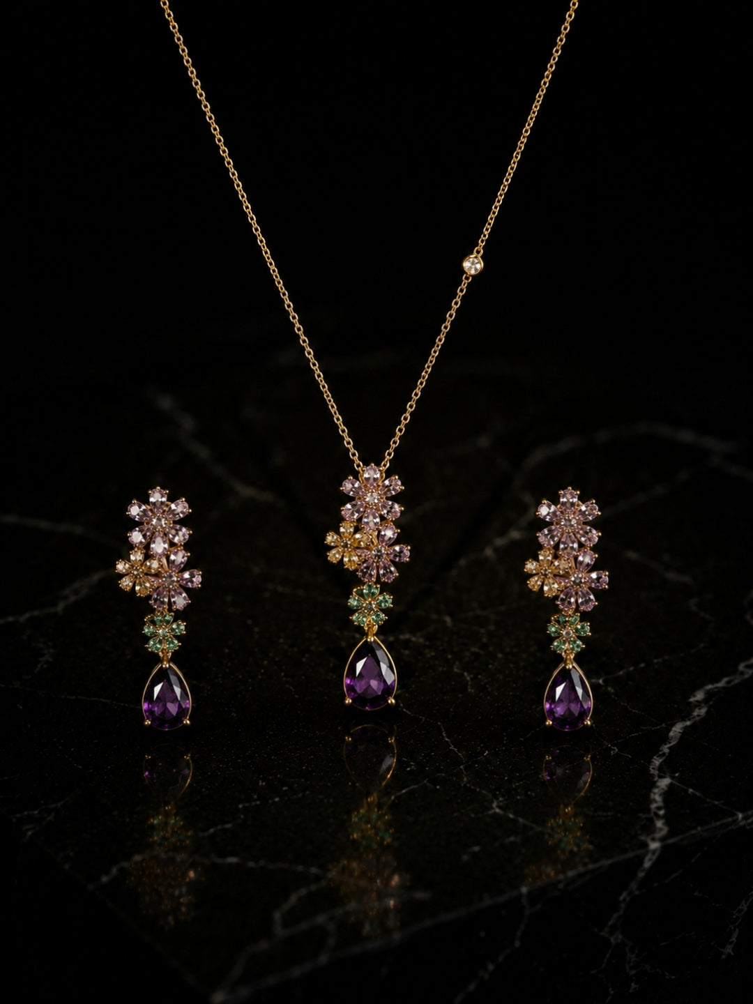 Purple Floral Drop Necklace & Earrings Set | 18K Gold Plated CZ