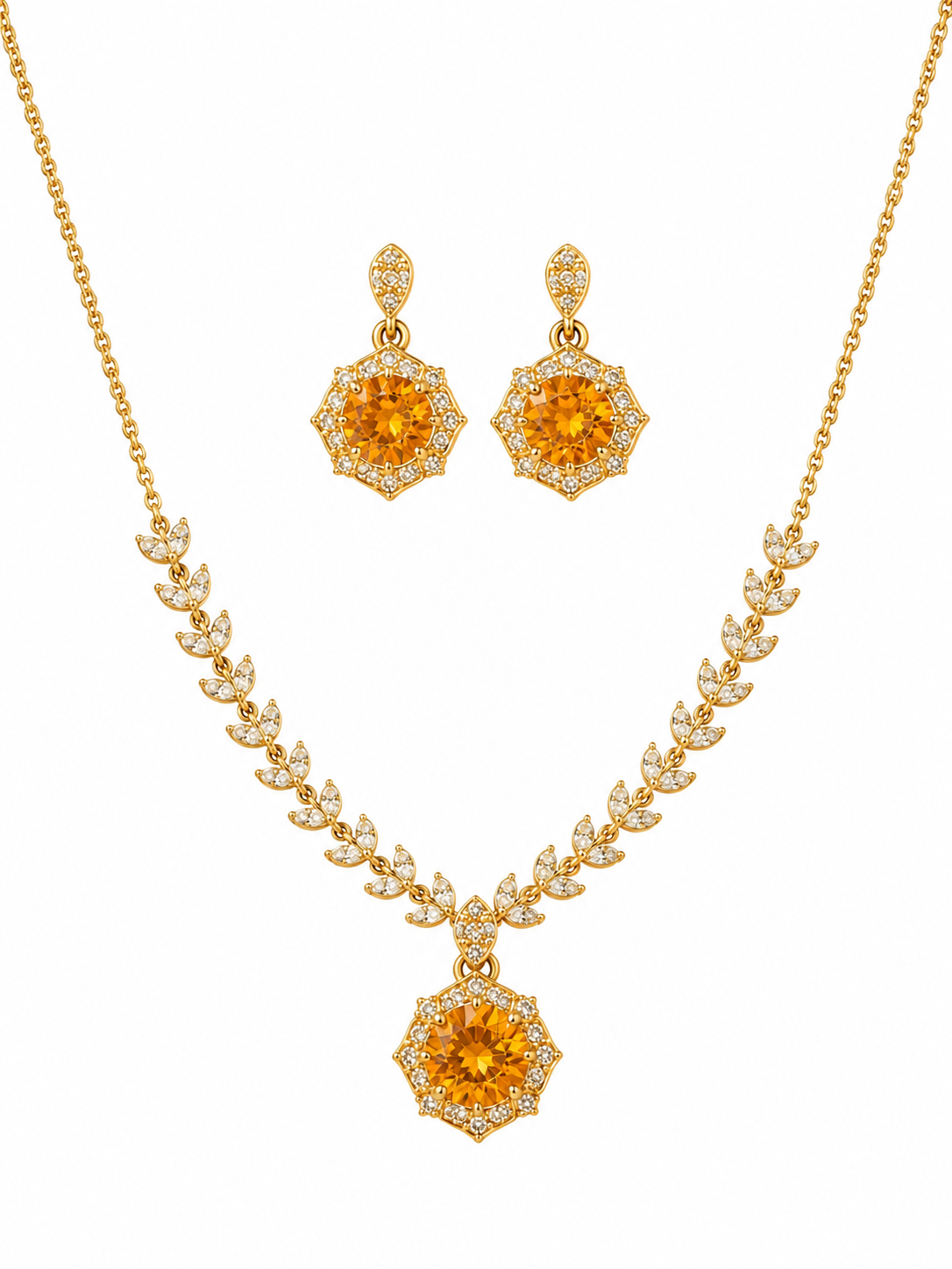 18K Gold Plated Sapphire Floral CZ Jewelry Set | Anti Tarnish Necklace