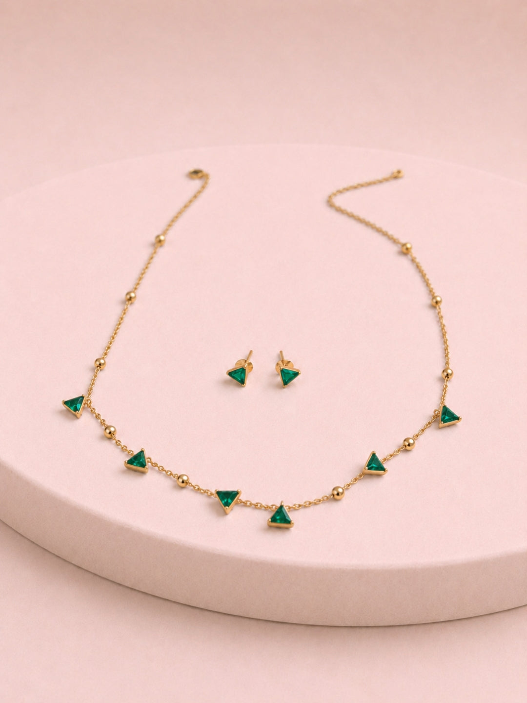 Emerald CZ Triangle Beaded Necklace & Earrings Set in 18K Gold